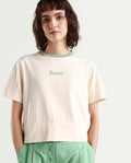 Rareism Women's Eliza Light Beige Cotton Blend Crew Neck Graphic Print Regular Fit T-Shirt