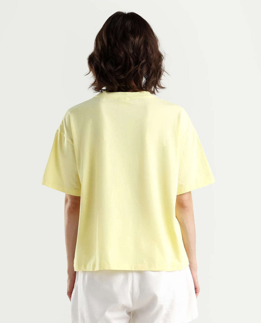 Rareism Women's Grando Yellow Cotton Blend Crew Neck Plain Boxy Fit T-Shirt