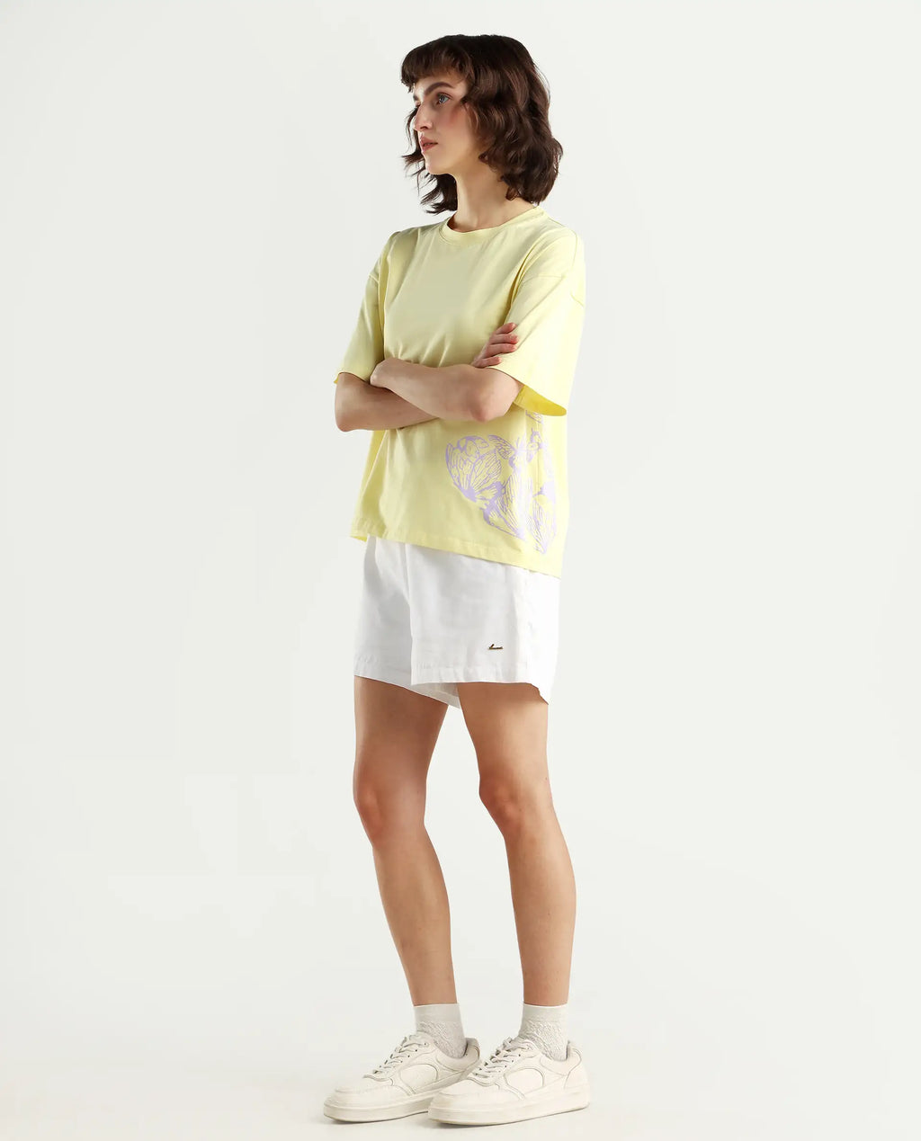 Rareism Women's Grando Yellow Cotton Blend Crew Neck Plain Boxy Fit T-Shirt