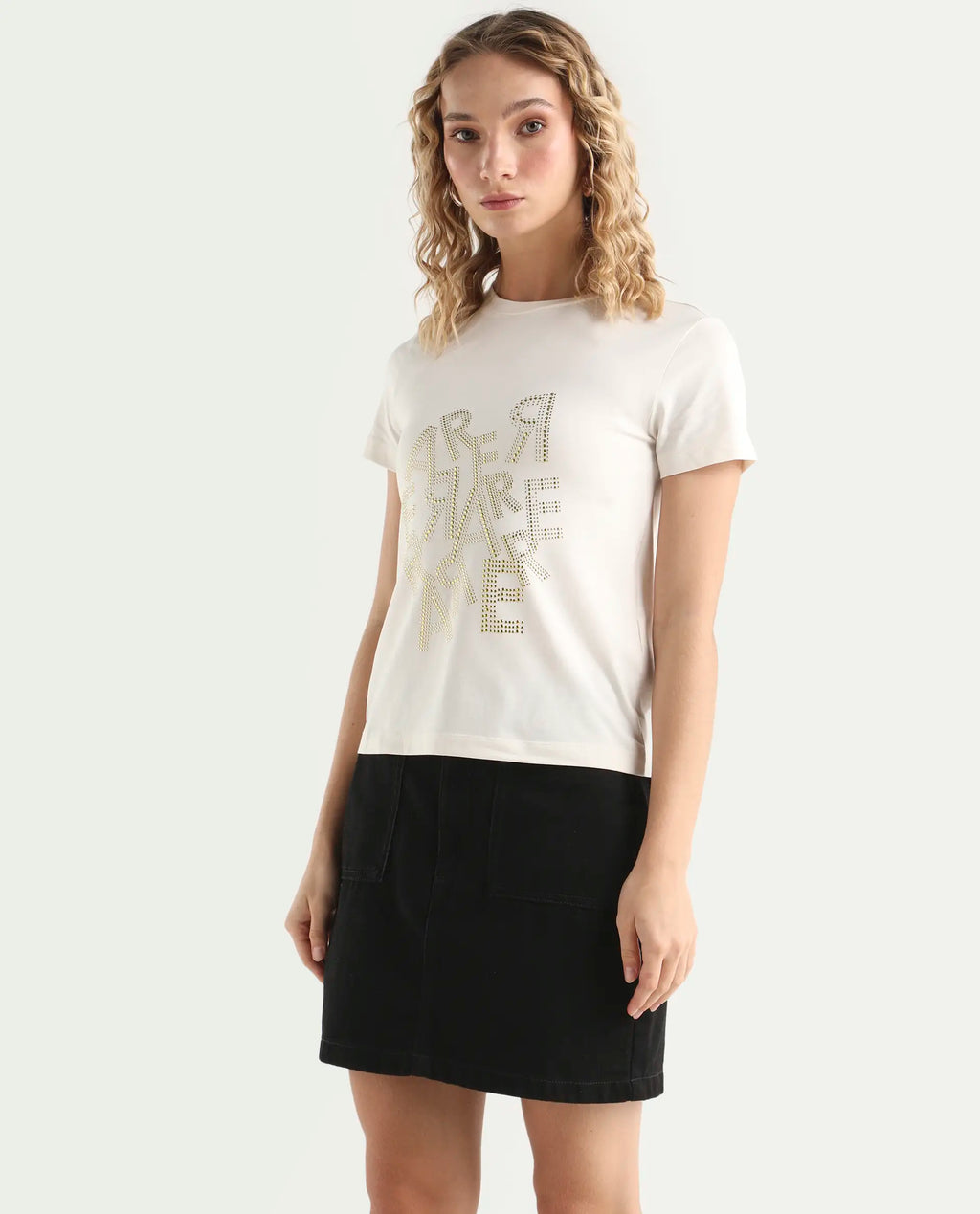 Rareism Women's Flank Off White Cotton Blend Crew Neck Graphic Print Regular Fit T-Shirt