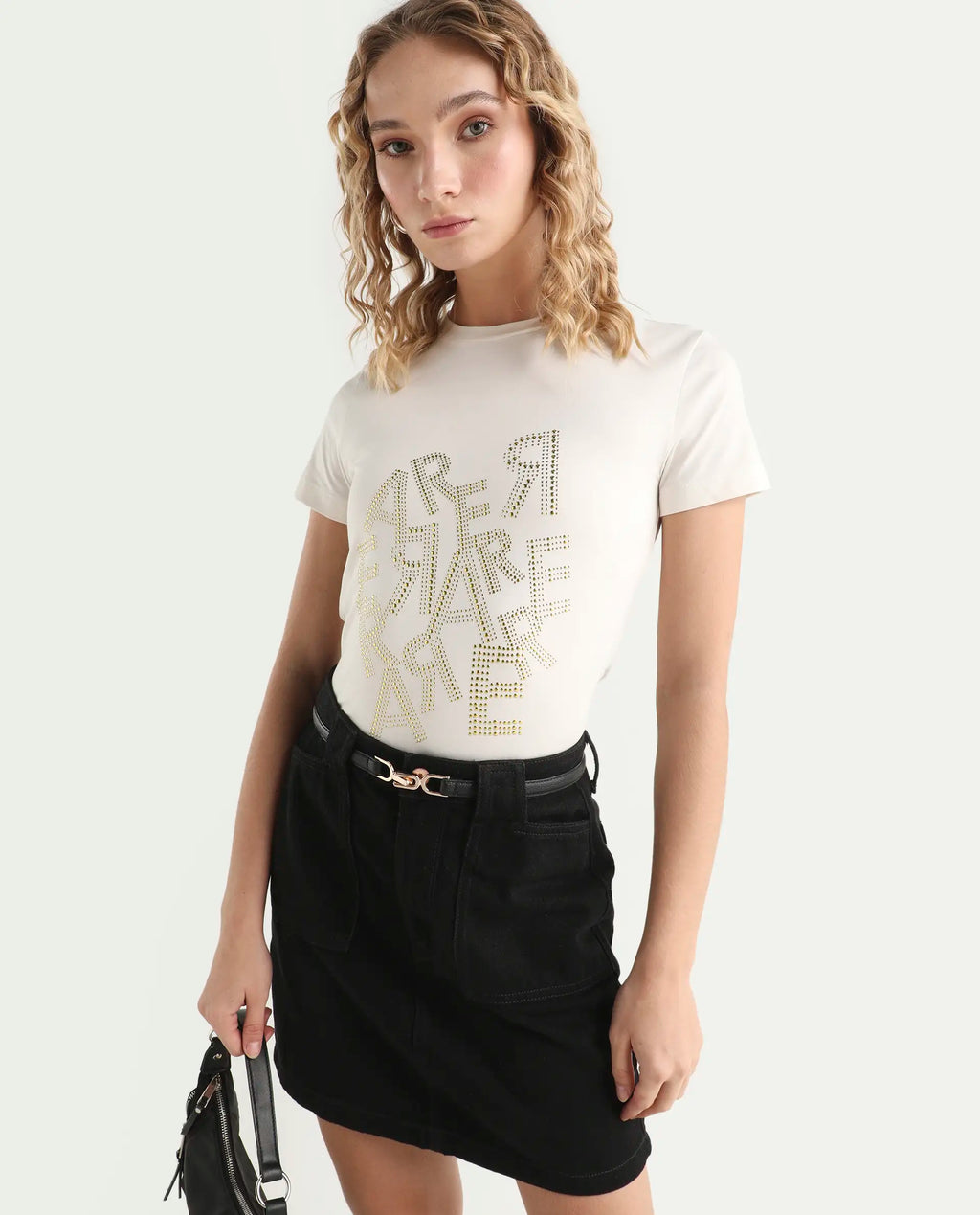 Rareism Women's Flank Off White Cotton Blend Crew Neck Graphic Print Regular Fit T-Shirt