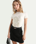 Rareism Women's Flank Off White Cotton Blend Crew Neck Graphic Print Regular Fit T-Shirt