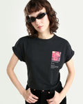 Rareism Women's Poctri Black Cotton Blend Crew Neck Graphic Print Extended Sleeves Regular Fit T-Shirt