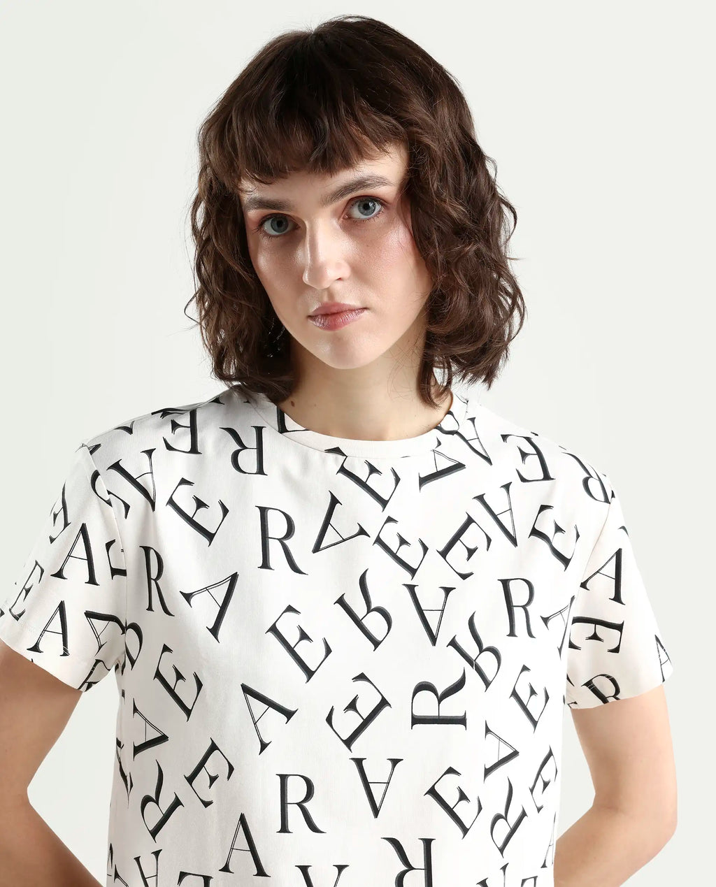 Rareism Women's Cassia Off White Cotton Blend Crew Neck Monogram Print Crop Regular Fit T-Shirt