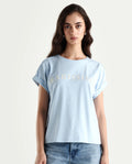 Rareism Women's Alte Light Blue Cotton Blend Crew Neck Graphic Print Extended Sleeves Regular Fit T-Shirt