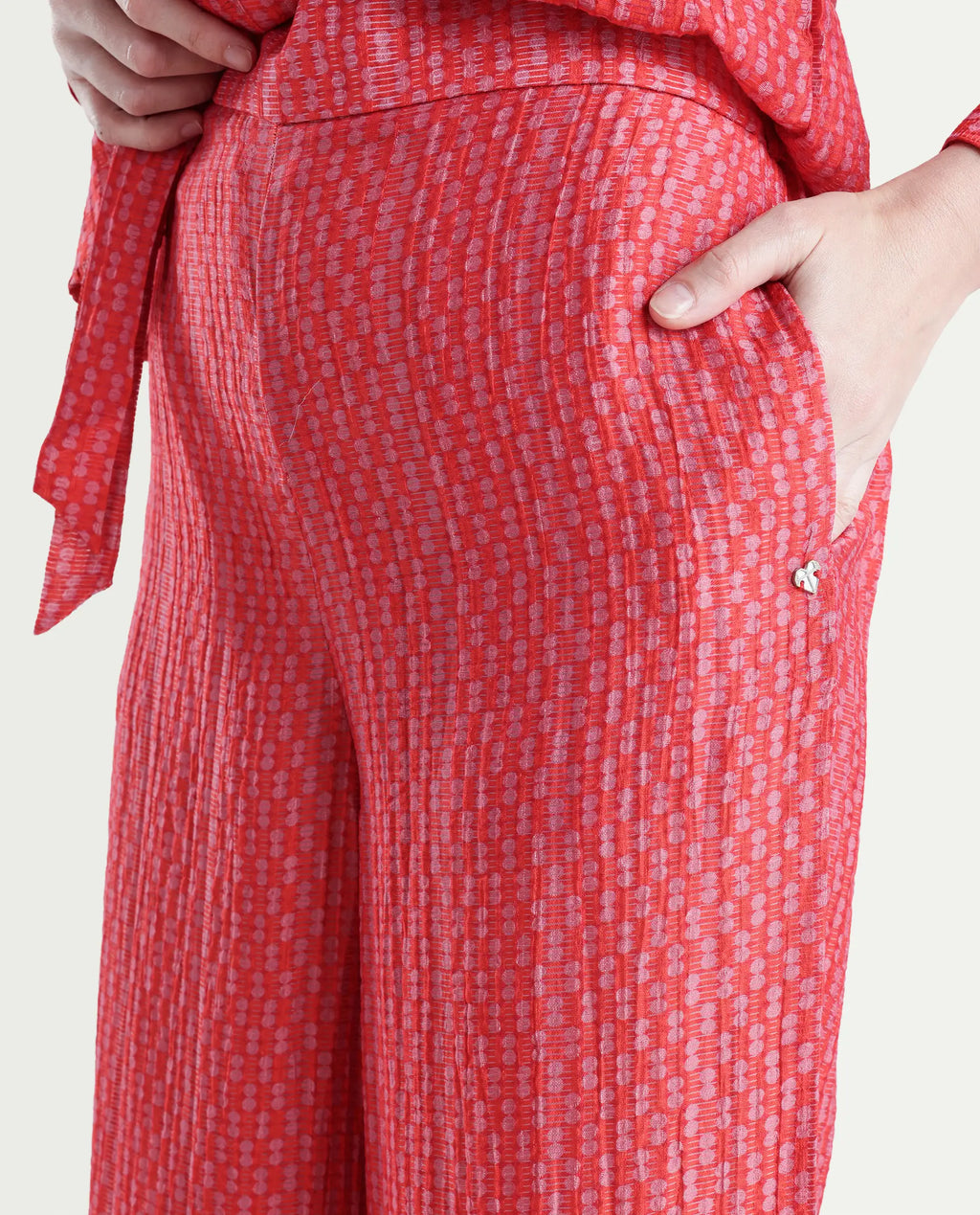 Rareism Women's Rusha-B Red Rayon Geometric Print Ankle Length Wide Trouser