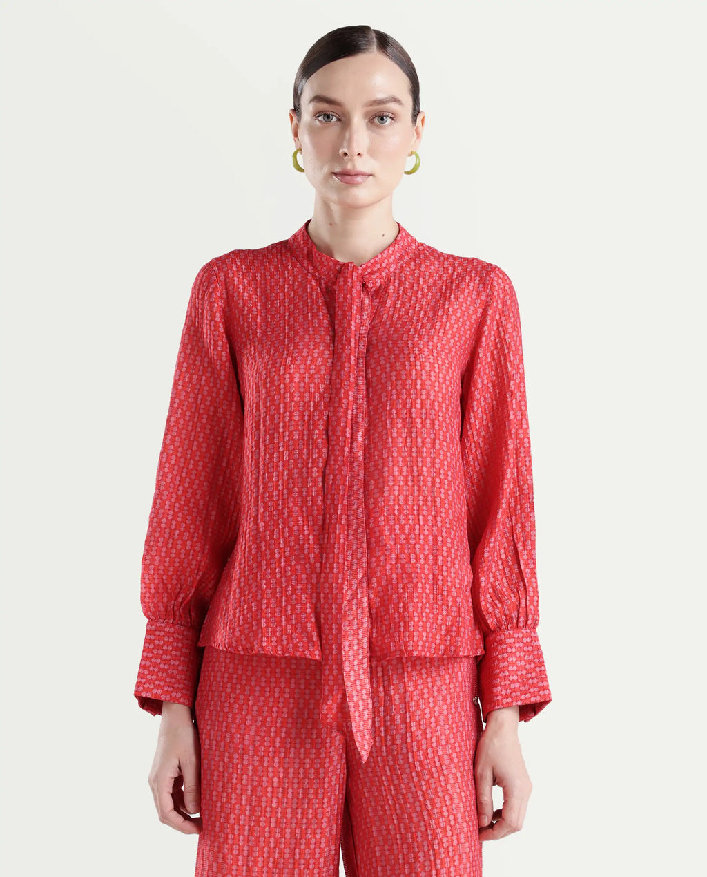 Rareism Women's Rusha-T Red Rayon Drop Collar Geometric Print Bishop Sleeve Regular Fit Top