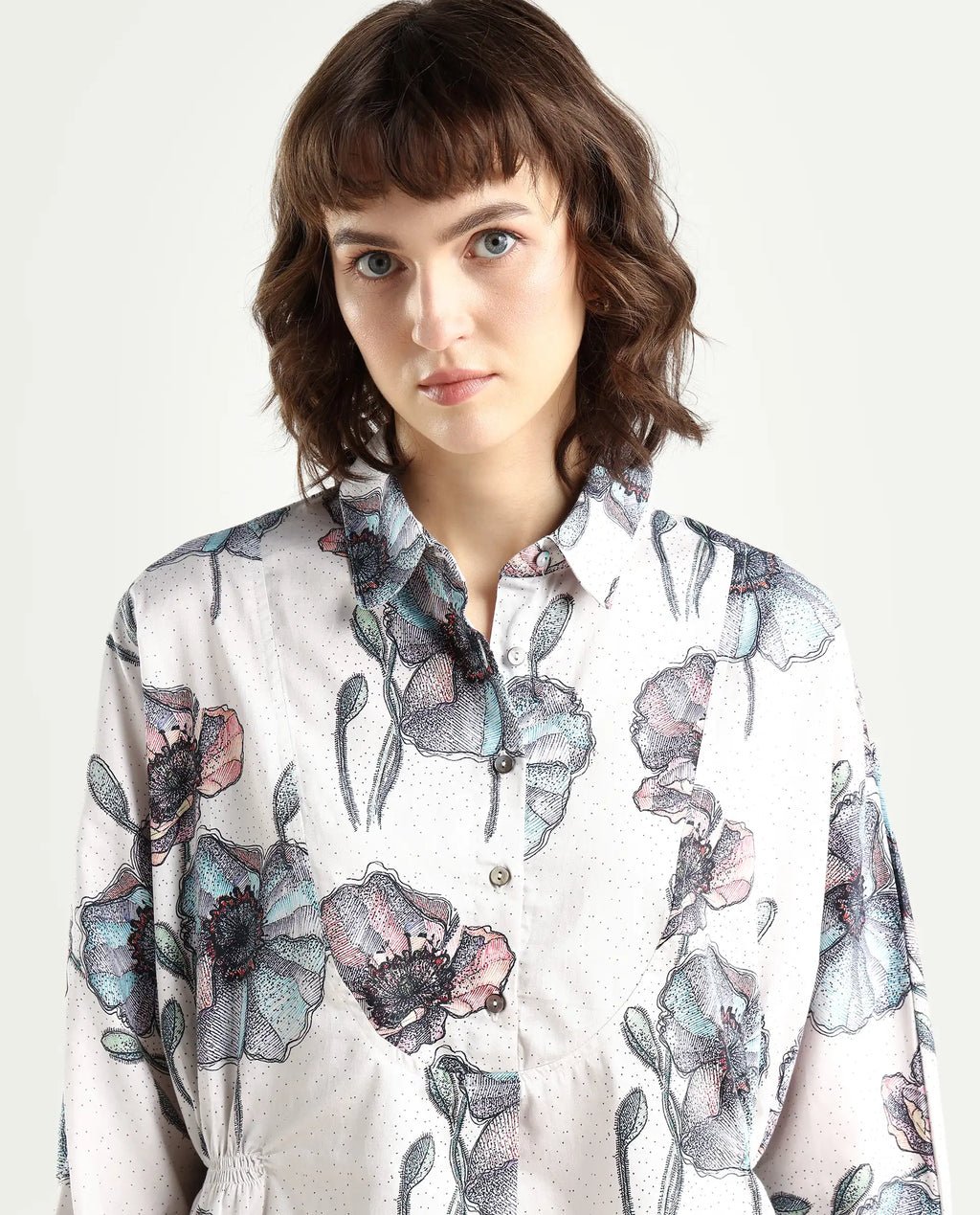 Rareism Women's Zobi Multi Drop Collar Floral Print Kimono Sleeve Regular Fit Top