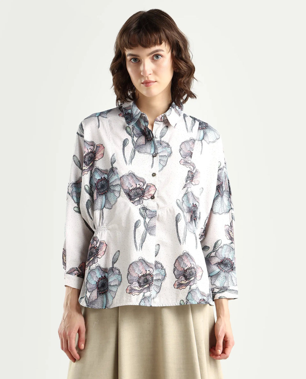 Rareism Women's Zobi Multi Drop Collar Floral Print Kimono Sleeve Regular Fit Top