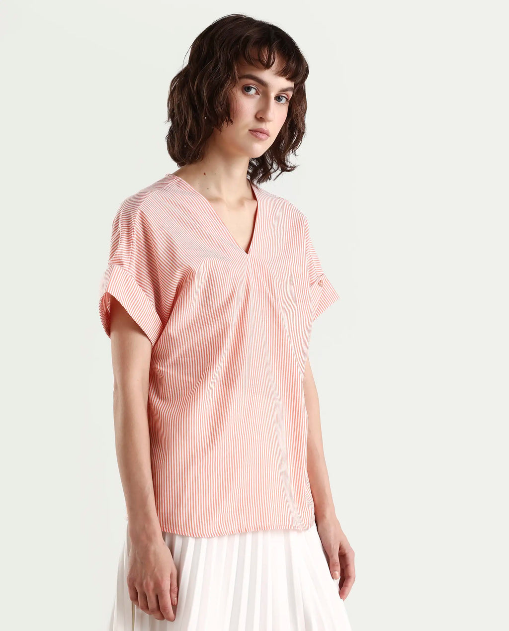 Rareism Women's Abdoo Orange V-Neck Striped Extended Sleeves Relaxed Fit Top