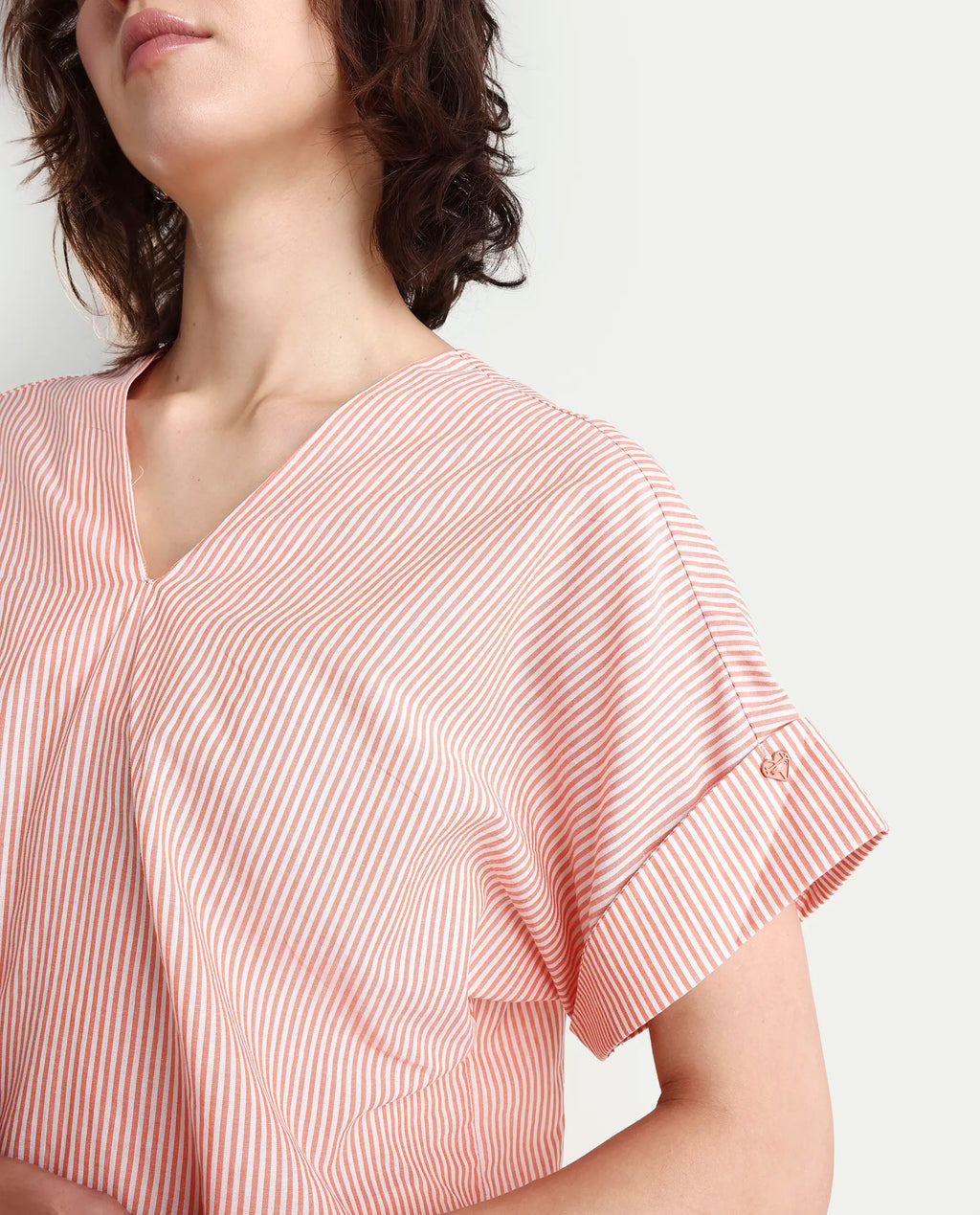Rareism Women's Abdoo Orange V-Neck Striped Extended Sleeves Relaxed Fit Top
