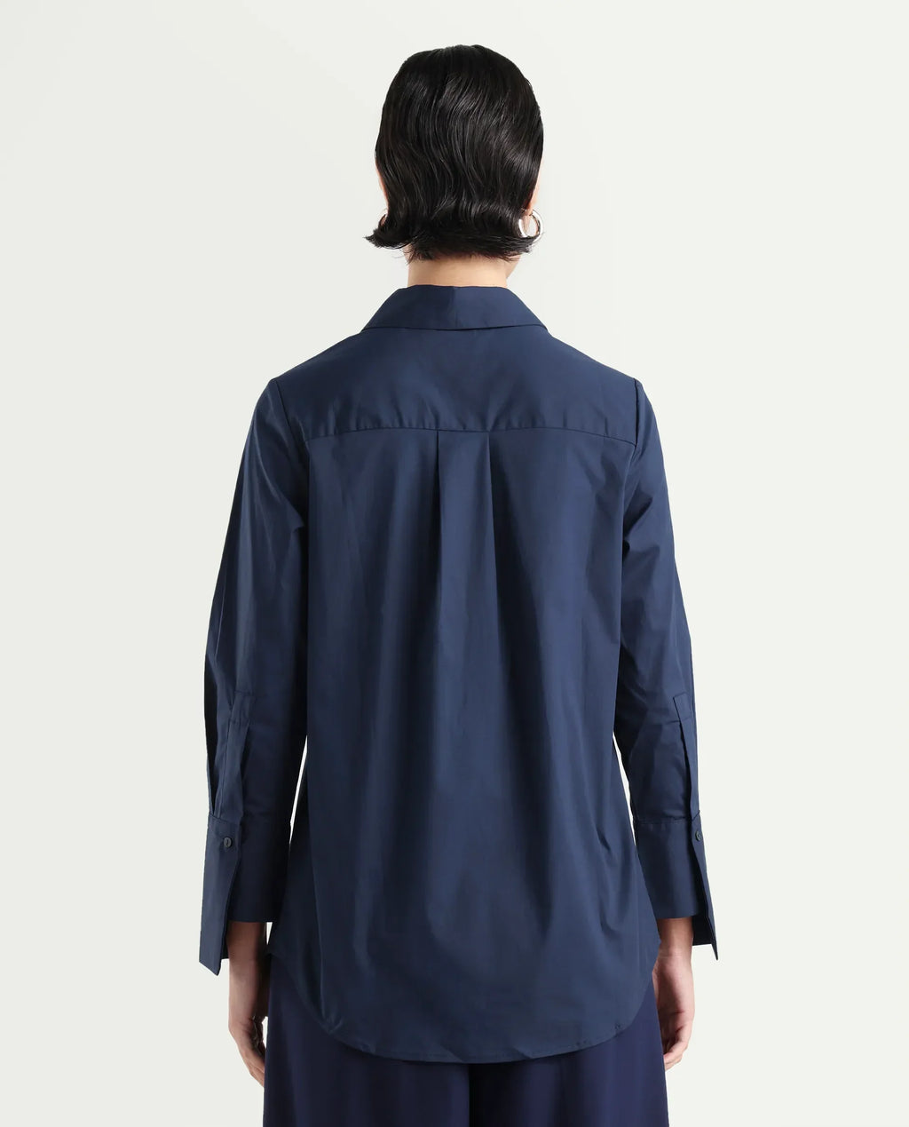 Rareism Women's Tottori Dark Blue Drop Collar Plain Cuffed Sleeve Relaxed Fit Shirt