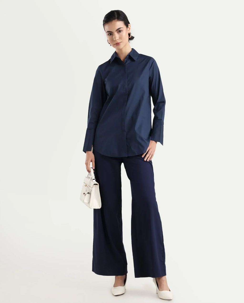 Rareism Women's Tottori Dark Blue Drop Collar Plain Cuffed Sleeve Relaxed Fit Shirt