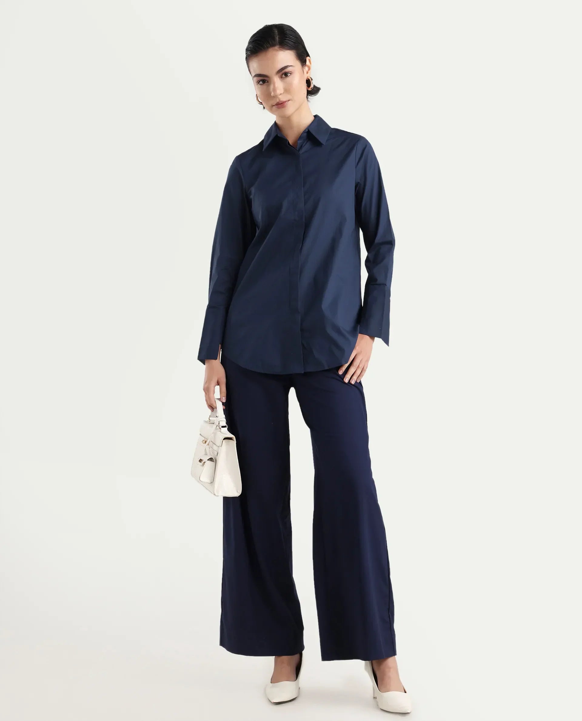 Rareism Women's Tottori Dark Blue Drop Collar Plain Cuffed Sleeve Relaxed Fit Shirt