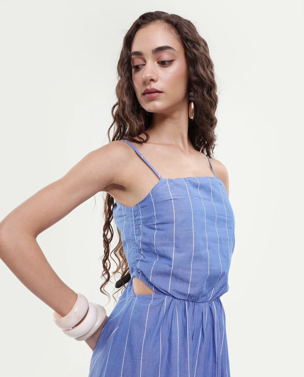 Rareism Women's Doyle Blue Asymmetric Neck Striped Shoulder Strap Midi Fit And Flare Dress