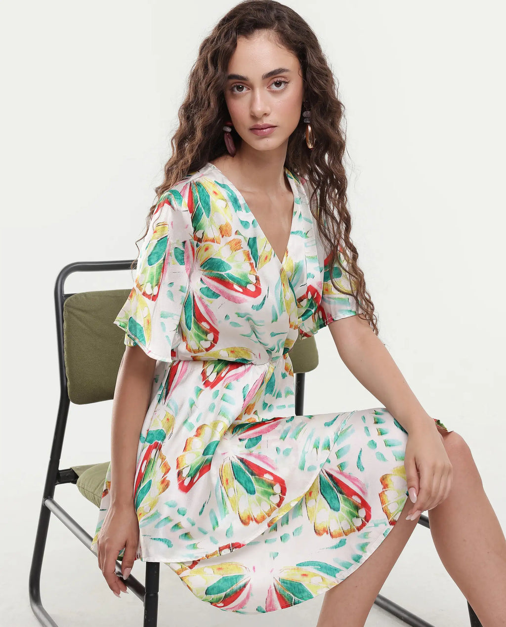 Rareism Women's Crelomi Light Multi Overlap Neck Floral Print Mini Fit And Flare Dress