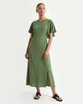 Rareism Women's Dana Green Crew Neck Plain Ruffled Sleeve Midi Fit And Flare Dress