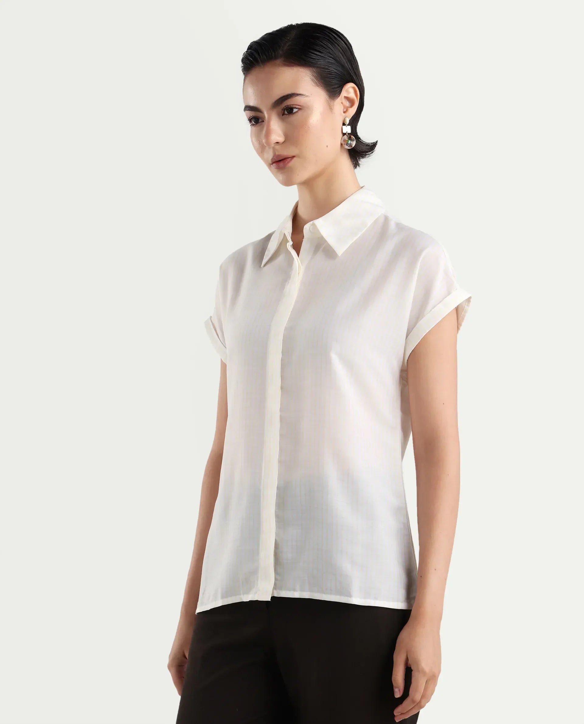Rareism Women's Europa Light White Drop Collar Striped Extended Sleeves Regular Fit Top