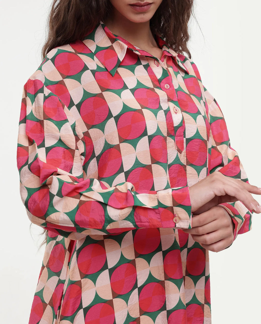 Rareism Women's Judeth Multi Drop Collar Geometric Print Cuffed Sleeve Mini A-Line Dress