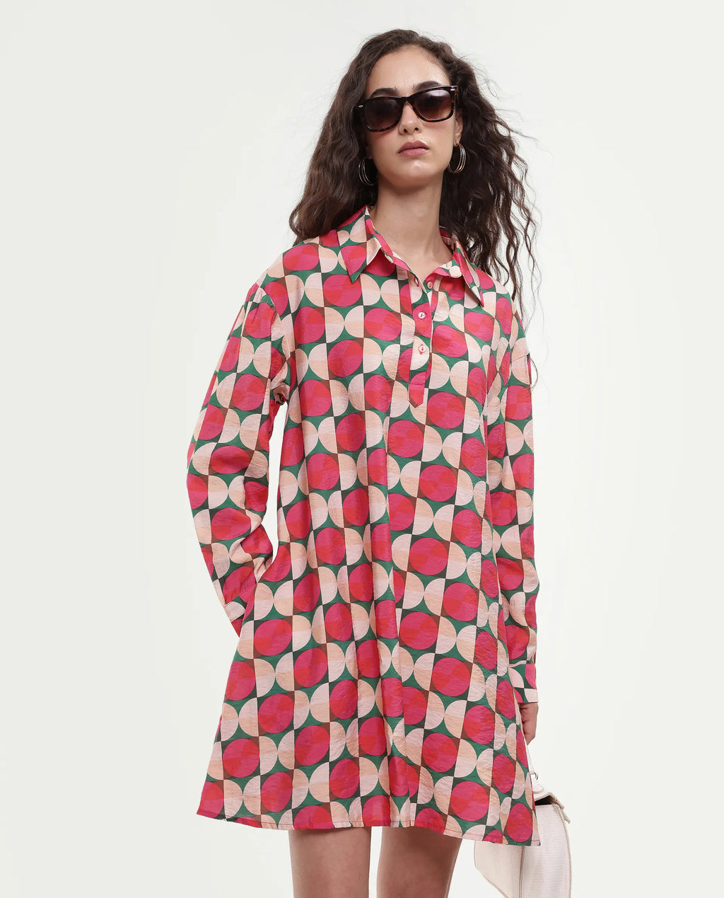 Rareism Women's Judeth Multi Drop Collar Geometric Print Cuffed Sleeve Mini A-Line Dress