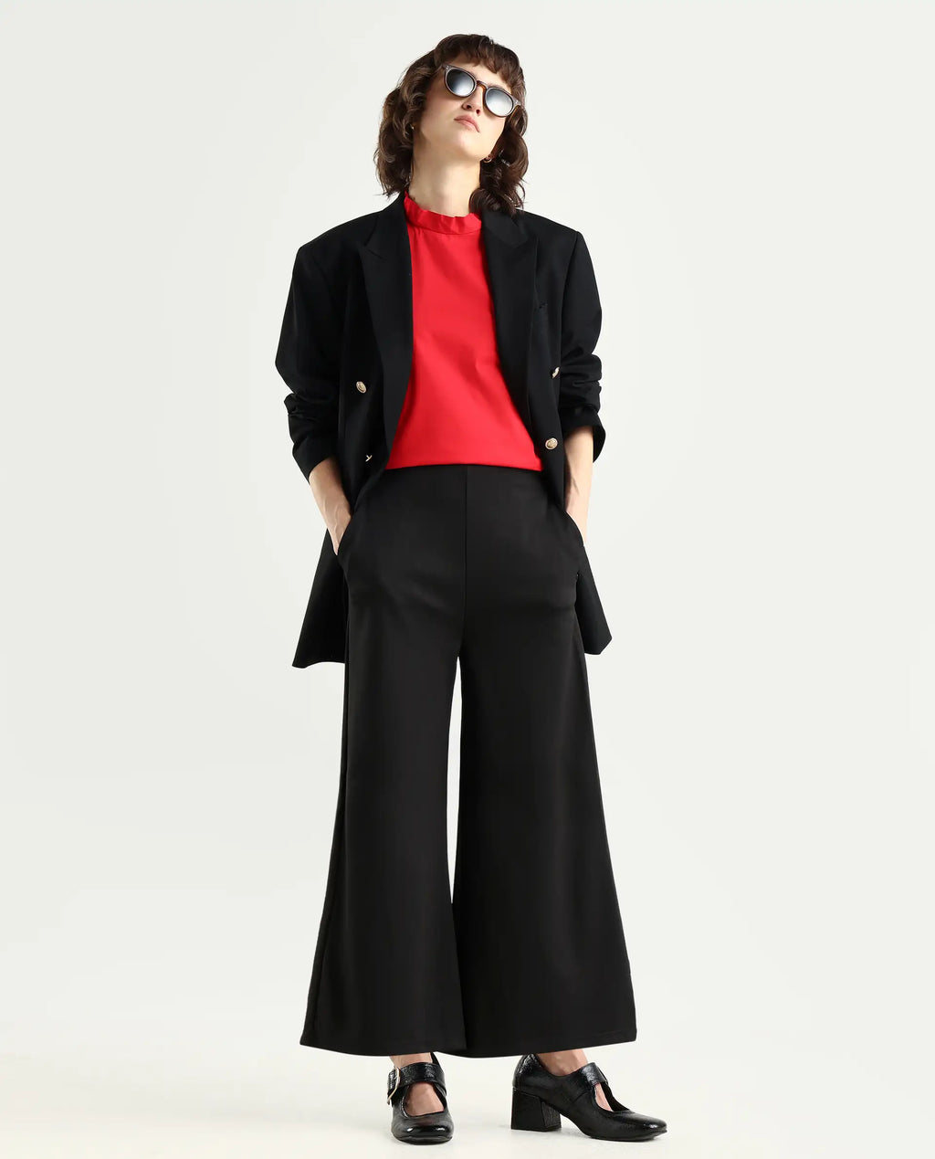 Rareism Women's Shoyo Black Polyester Plain Midi Flared Trouser