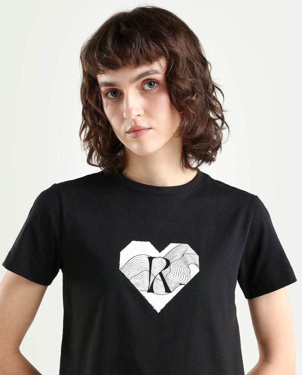 Rareism Women's Lee Black Cotton Blend Crew Neck Graphic Print Regular Fit T-Shirt