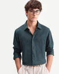 Rare Rabbit Men's Flyknit Dusky Teal Cotton Plain Regular Fit Full Sleeve Collared Shirt