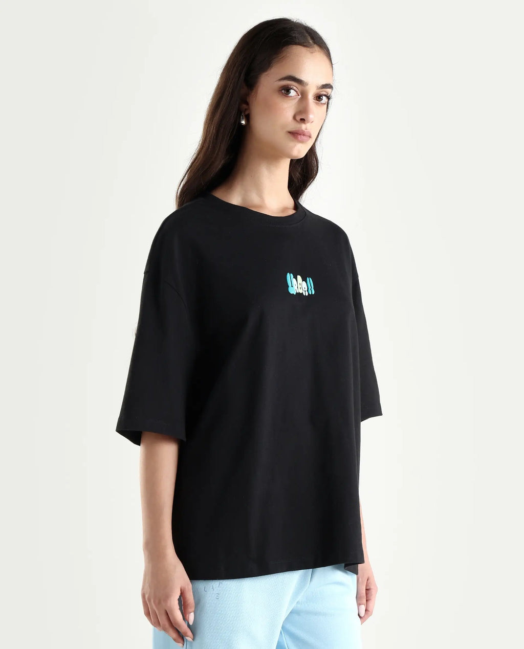 Rareism Women's Earl Black Cotton Blend Crew Neck Graphic Print Relaxed Fit T-Shirt