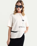 Rareism Women's Ida Off White Cotton Blend Crew Neck Graphic Print Relaxed Fit T-Shirt