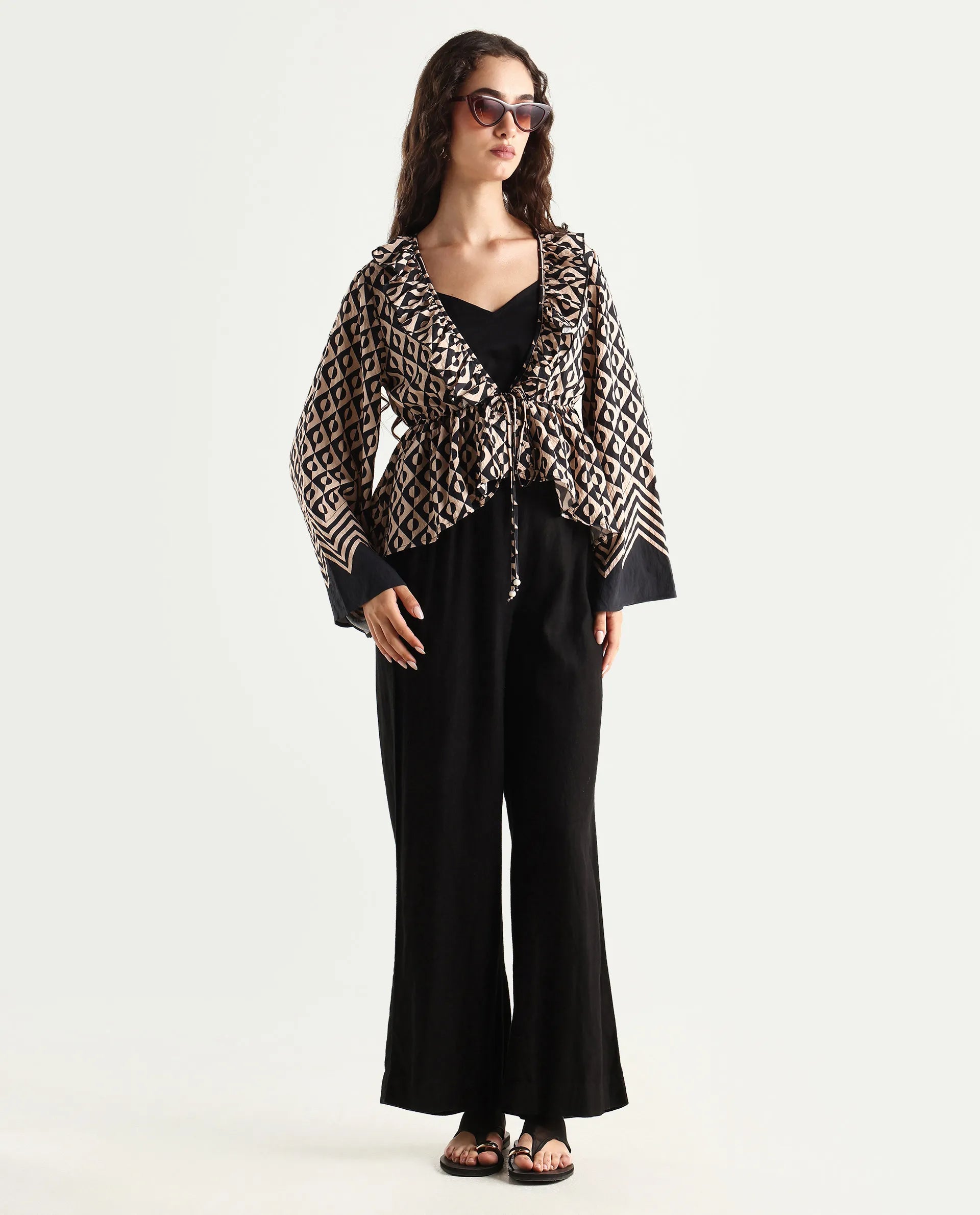 Rareism Women's Smor Black Viscose Blend Sweetheart Neck Geometric Print Bell Sleeve Regular Fit Top