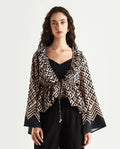 Rareism Women's Smor Black Viscose Blend Sweetheart Neck Geometric Print Bell Sleeve Regular Fit Top