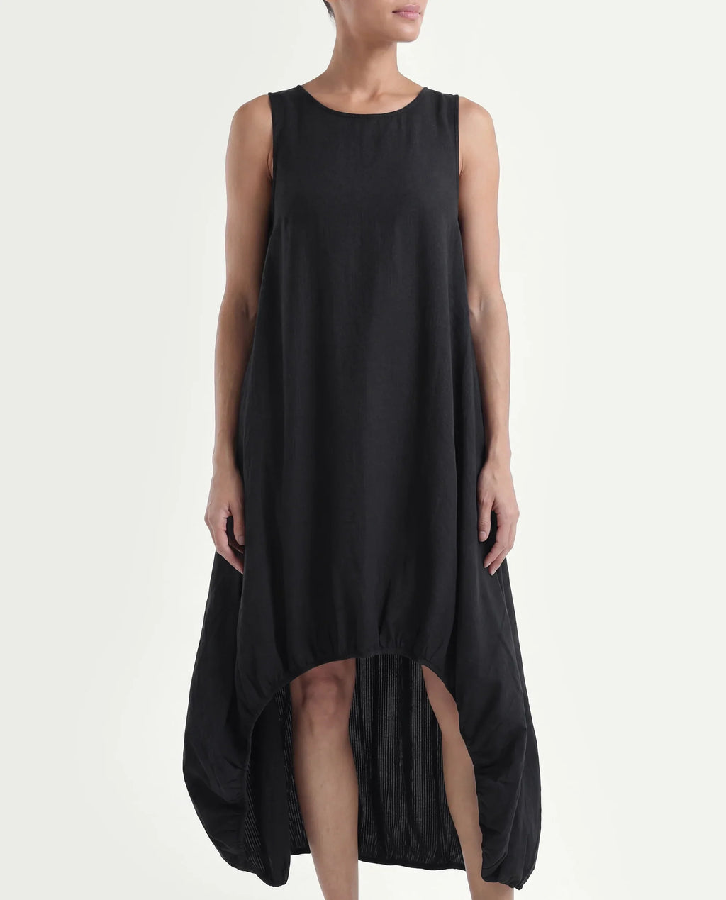 Rareism Women's Zakura Black Cotton Crew Neck Striped Sleeveless Maxi Balloon Dress