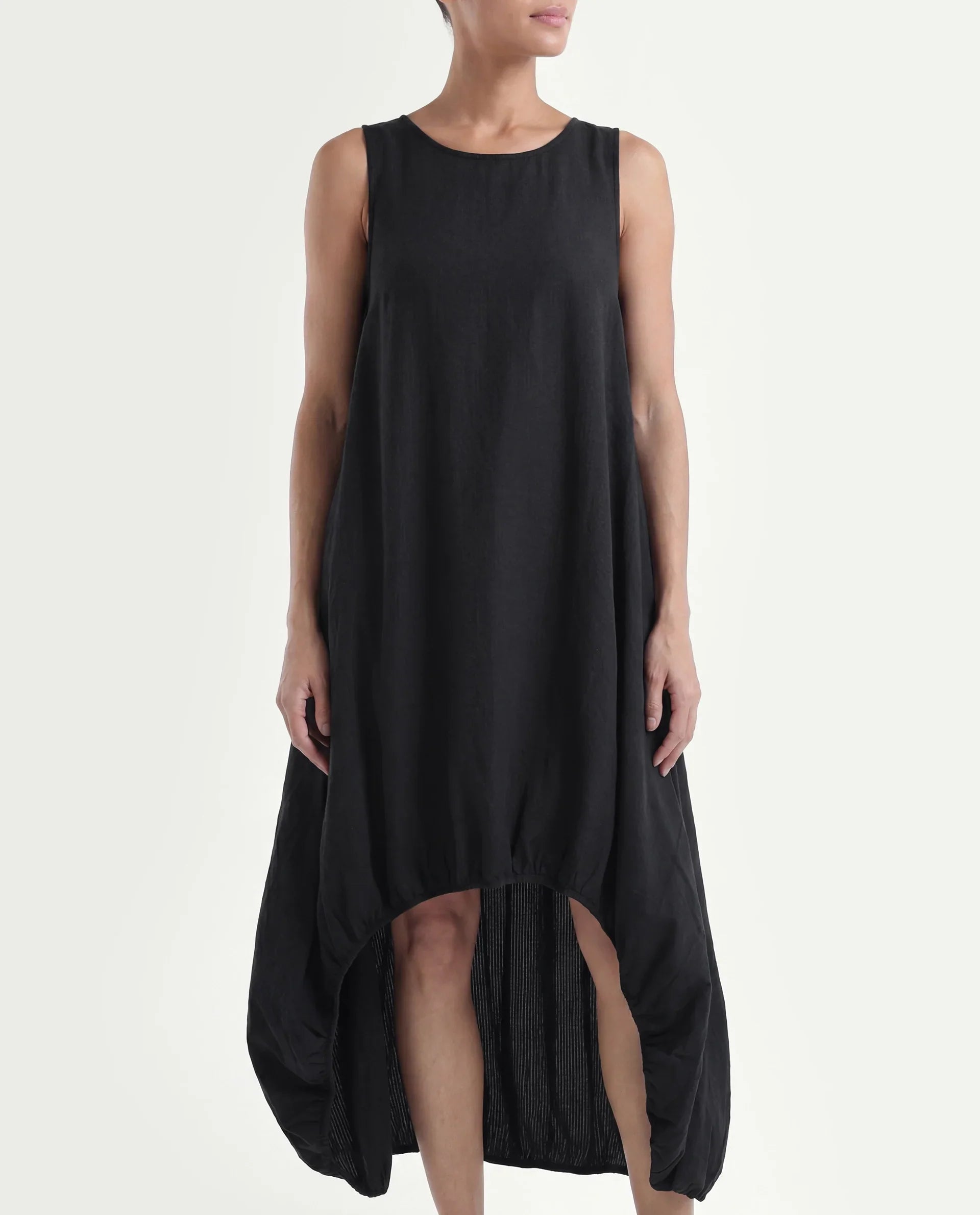 Rareism Women's Zakura Black Cotton Crew Neck Striped Sleeveless Maxi Balloon Dress