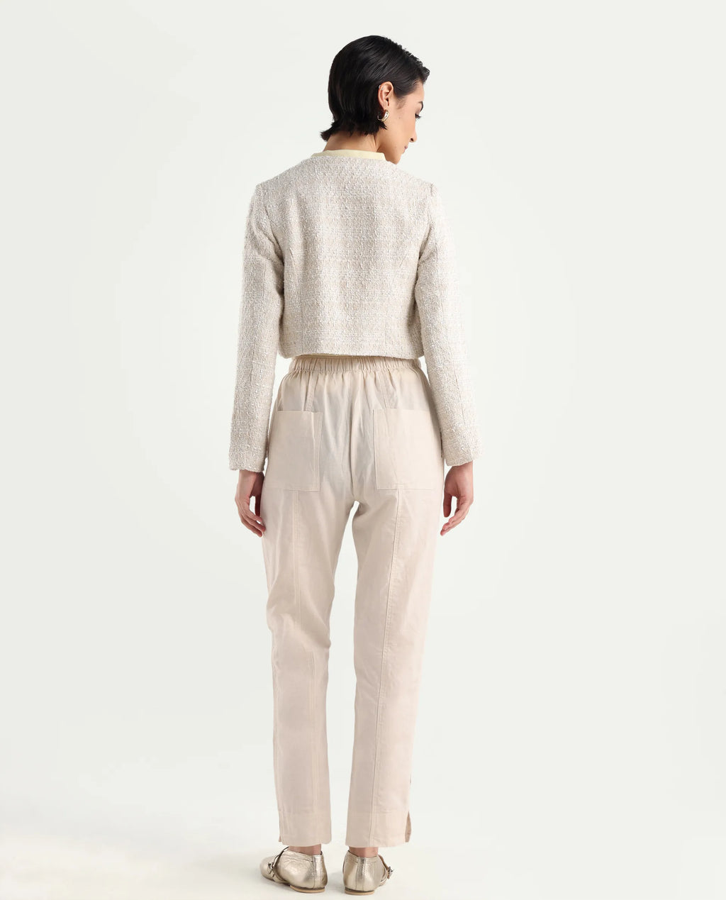 Rareism Women's Bintono Off White Cotton Blend Plain Ankle Length Tapered Trouser