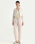 Rareism Women's Bintono Off White Cotton Blend Plain Ankle Length Tapered Trouser