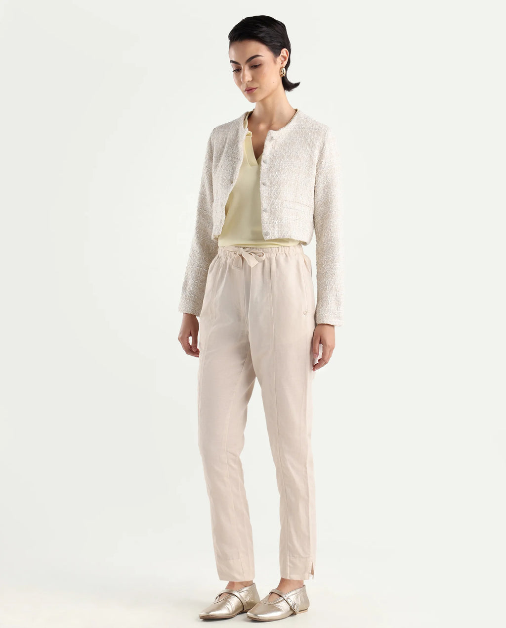 Rareism Women's Bintono Off White Cotton Blend Plain Ankle Length Tapered Trouser