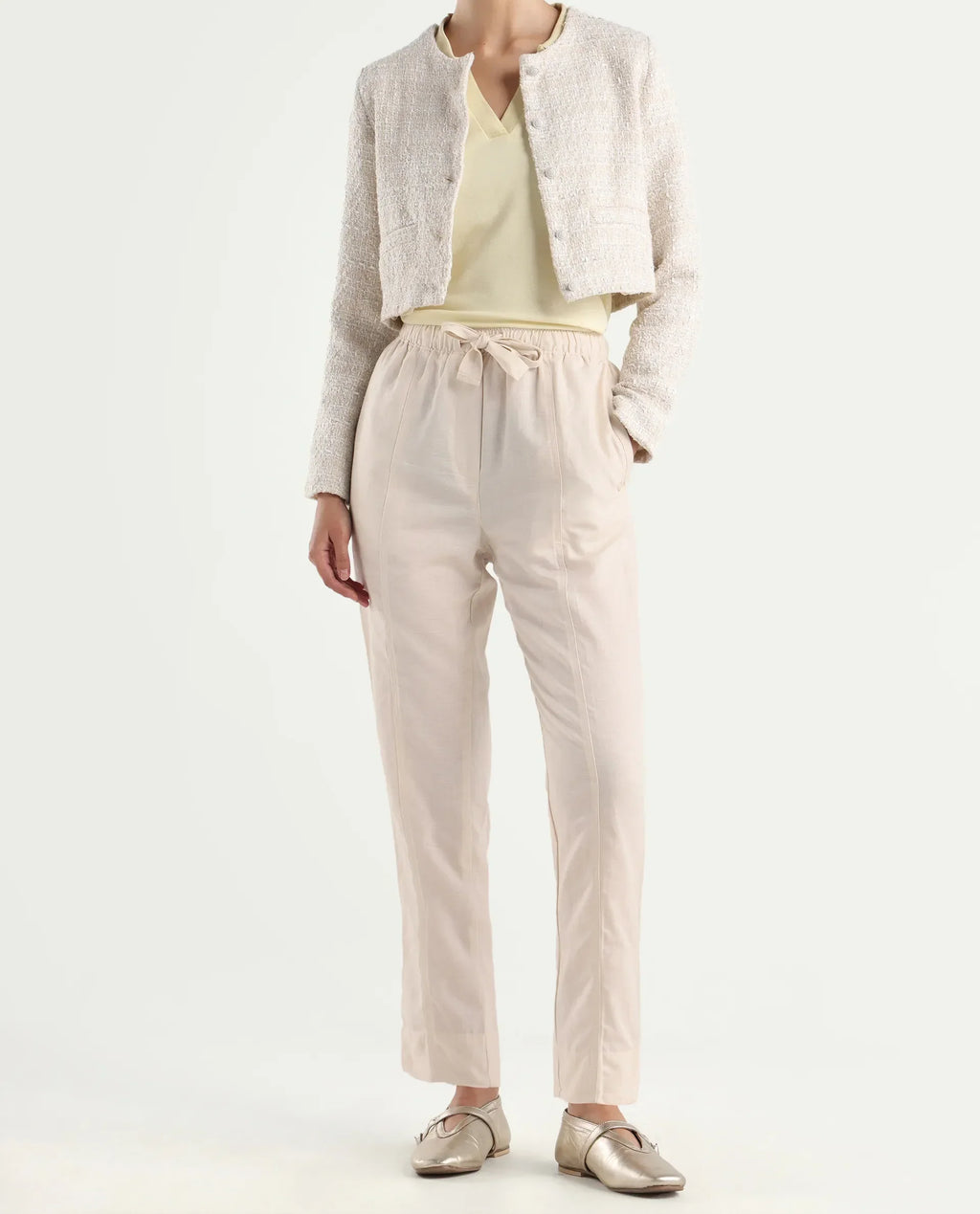 Rareism Women's Bintono Off White Cotton Blend Plain Ankle Length Tapered Trouser