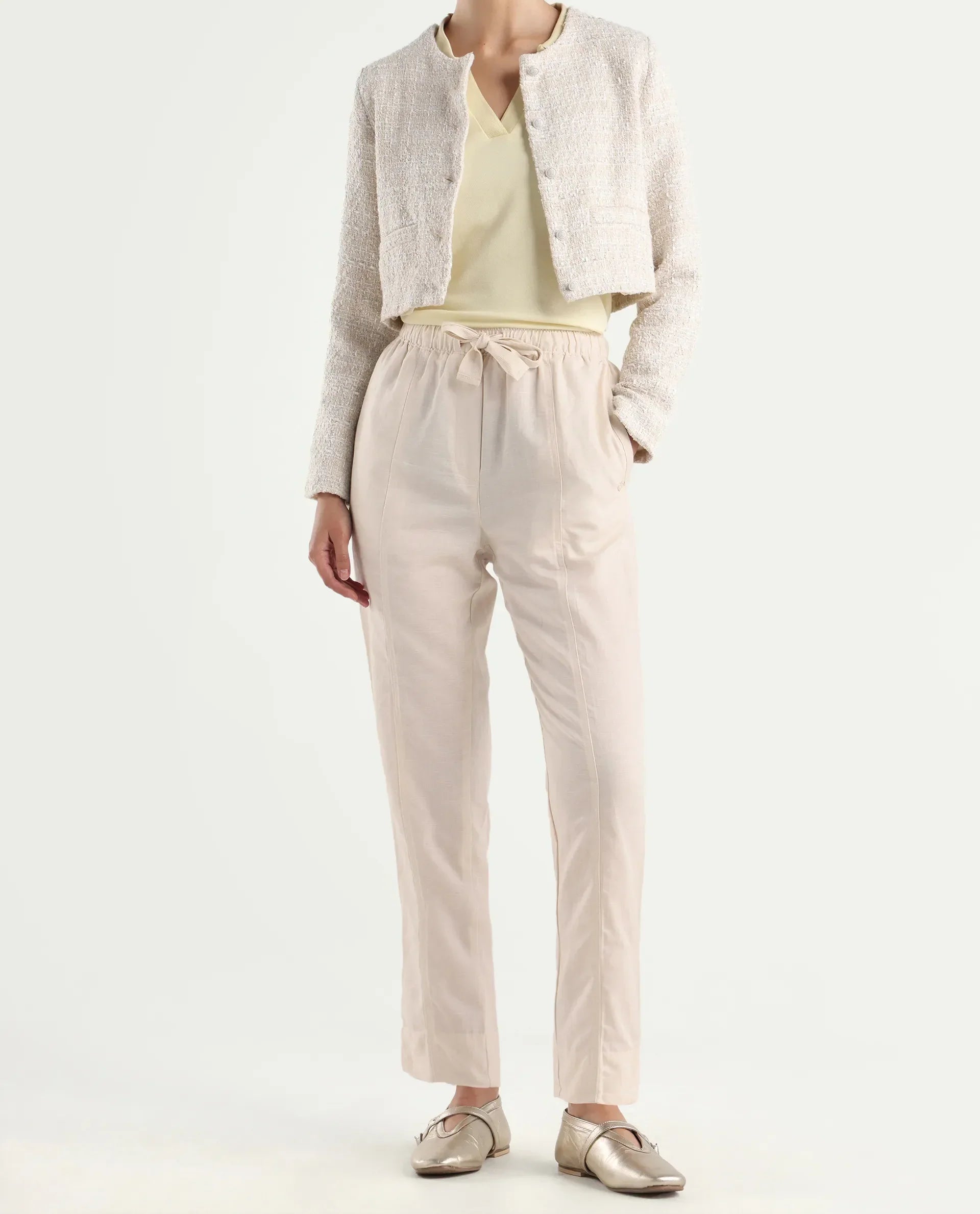 Rareism Women's Bintono Off White Cotton Blend Plain Ankle Length Tapered Trouser