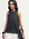 Rareism Women's Arezzo-T Black Cotton Mandarin Collar Plain Sleeveless Balloon Top