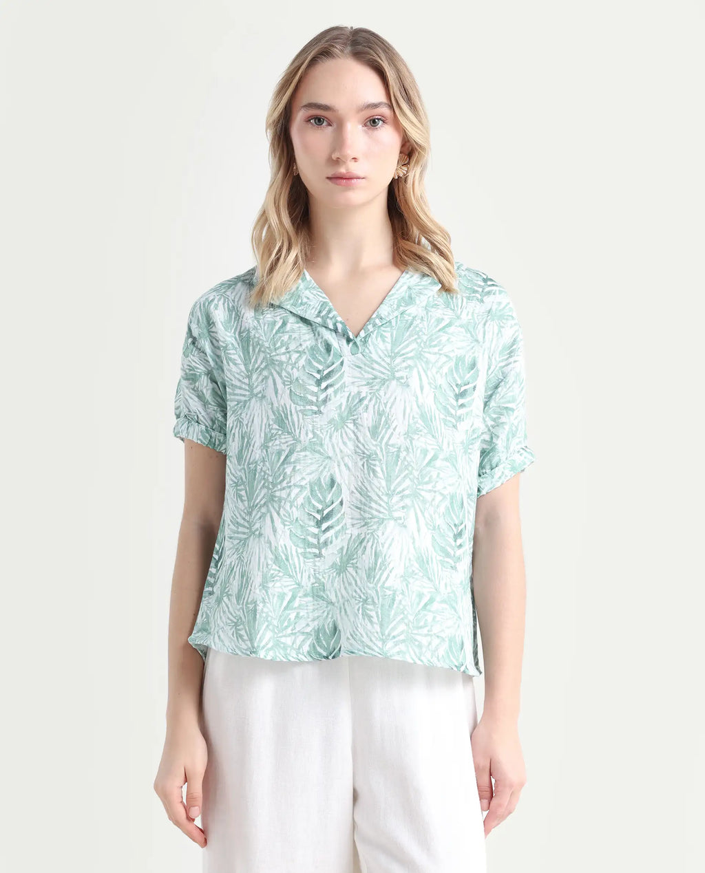 Rareism Women's Manak Off White Cotton Blend Lapel Neck Abstract Print Extended Sleeves Regular Fit Top