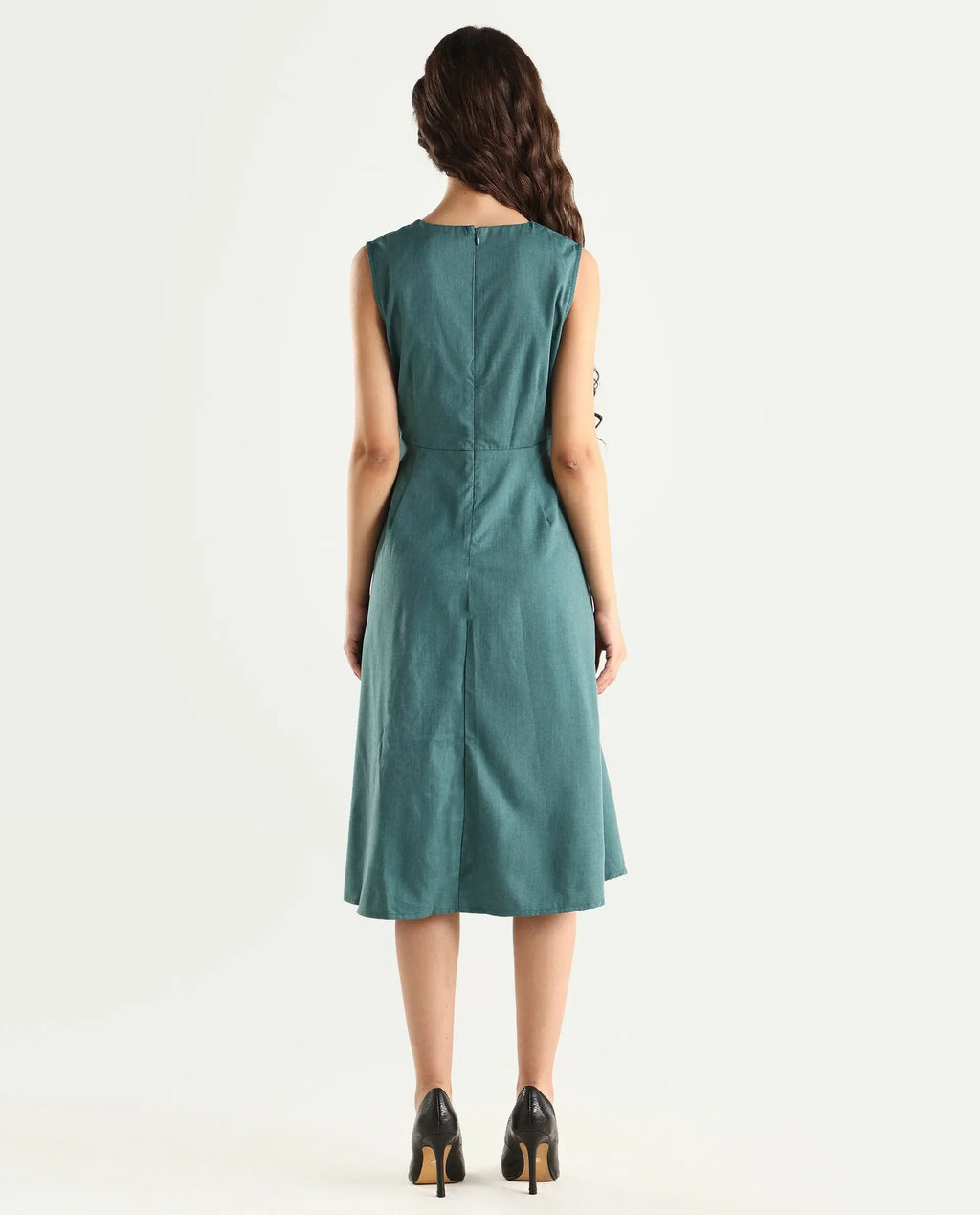Rareism Women's Valmode Green Polyester Blend Overlap Neck Plain Sleeveless Midi Fit And Flare Dress