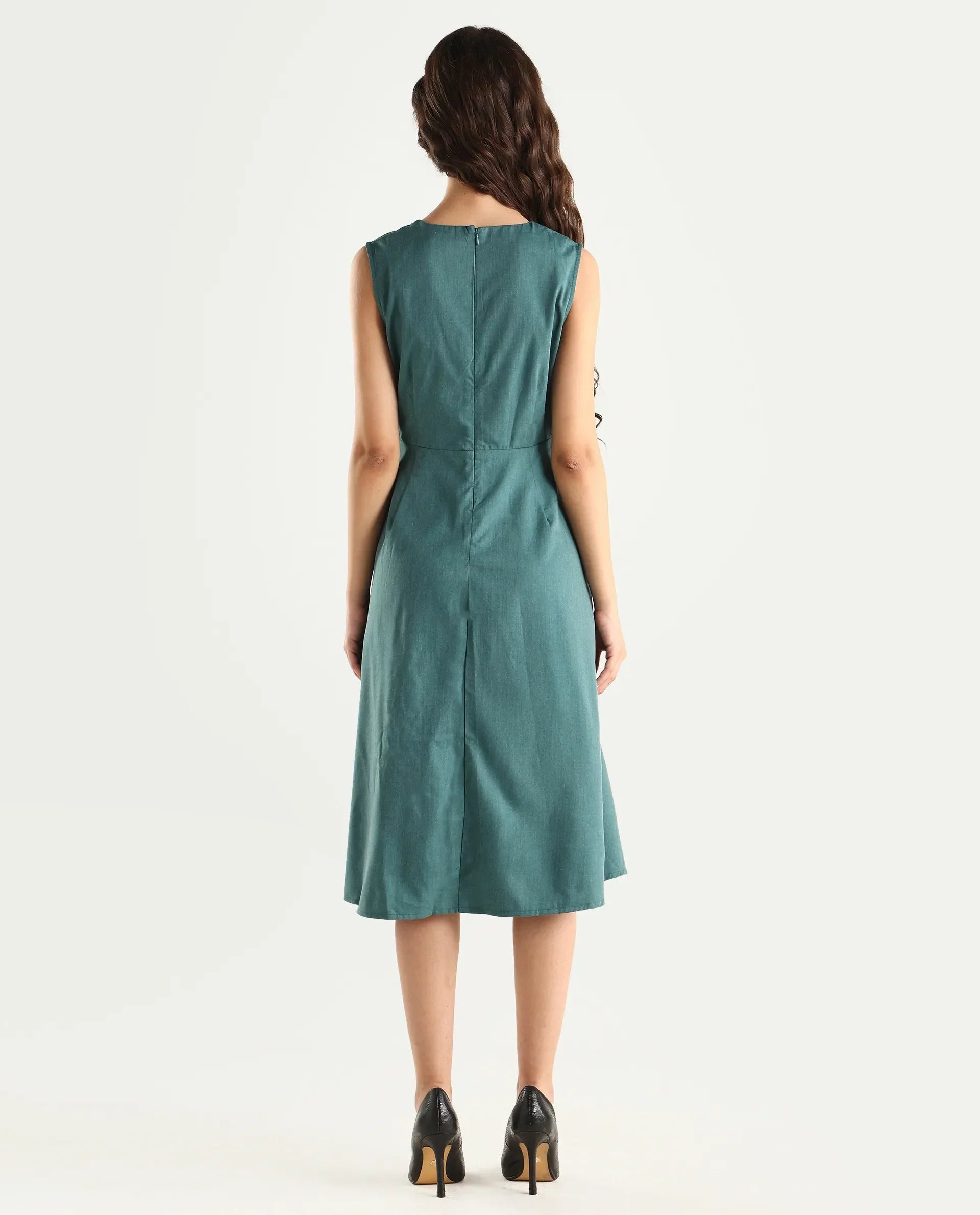 Rareism Women's Valmode Green Polyester Blend Overlap Neck Plain Sleeveless Midi Fit And Flare Dress