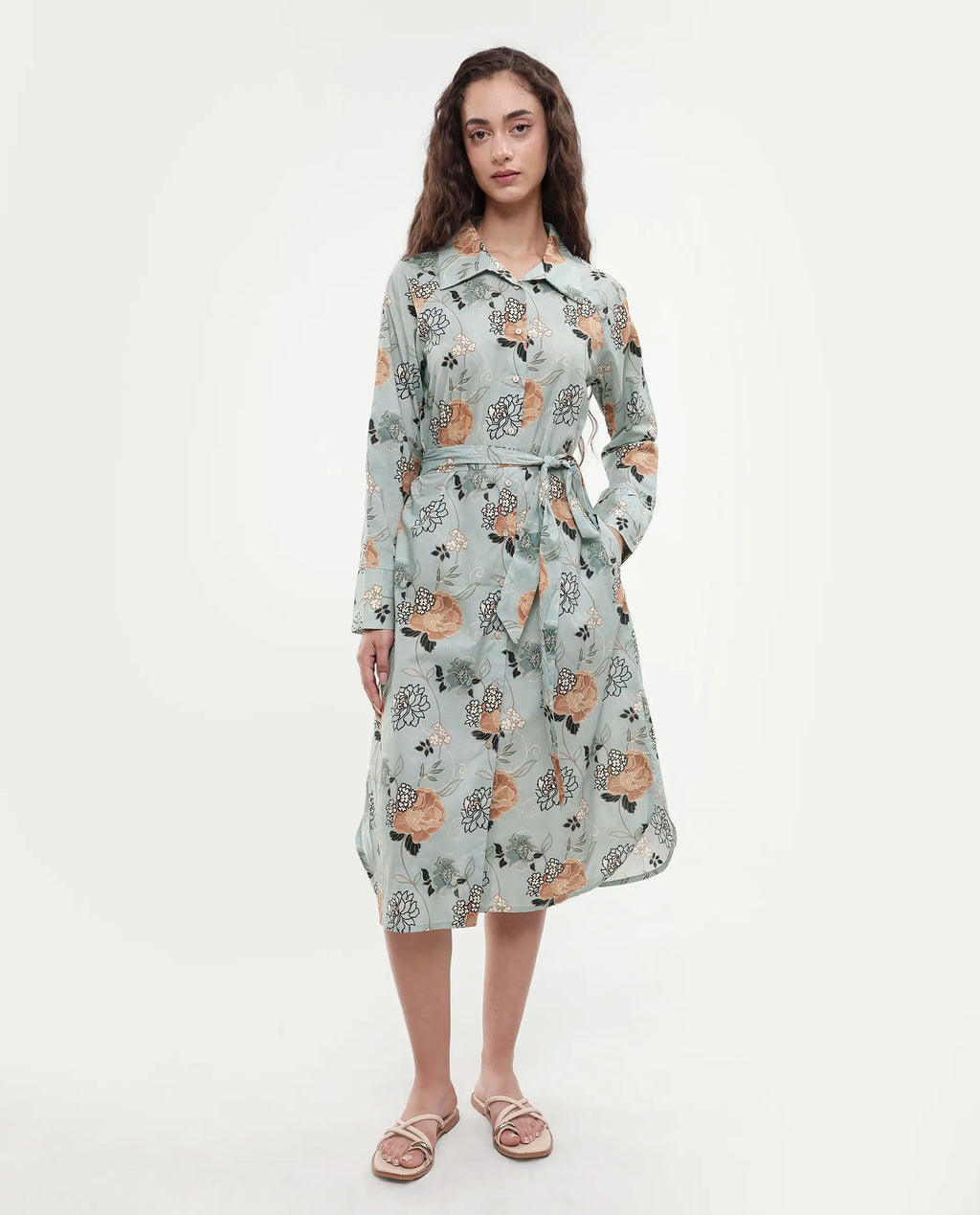 Rareism Women's Regnio Multi Cotton Drop Collar Floral Print Raglan Sleeve Midi A-Line Dress