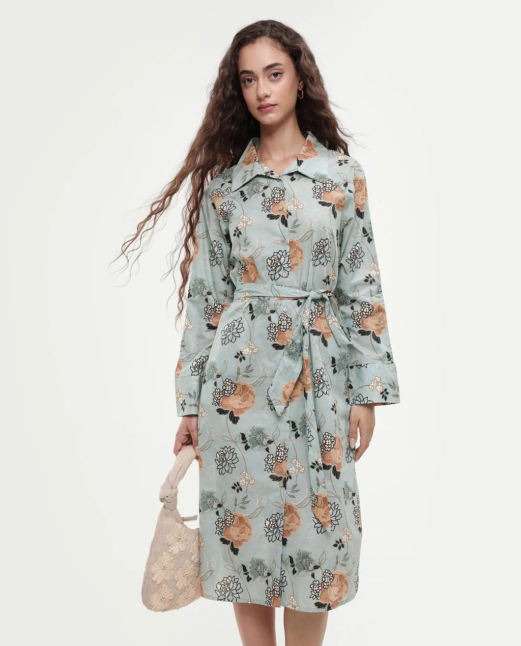 Rareism Women's Regnio Multi Cotton Drop Collar Floral Print Raglan Sleeve Midi A-Line Dress