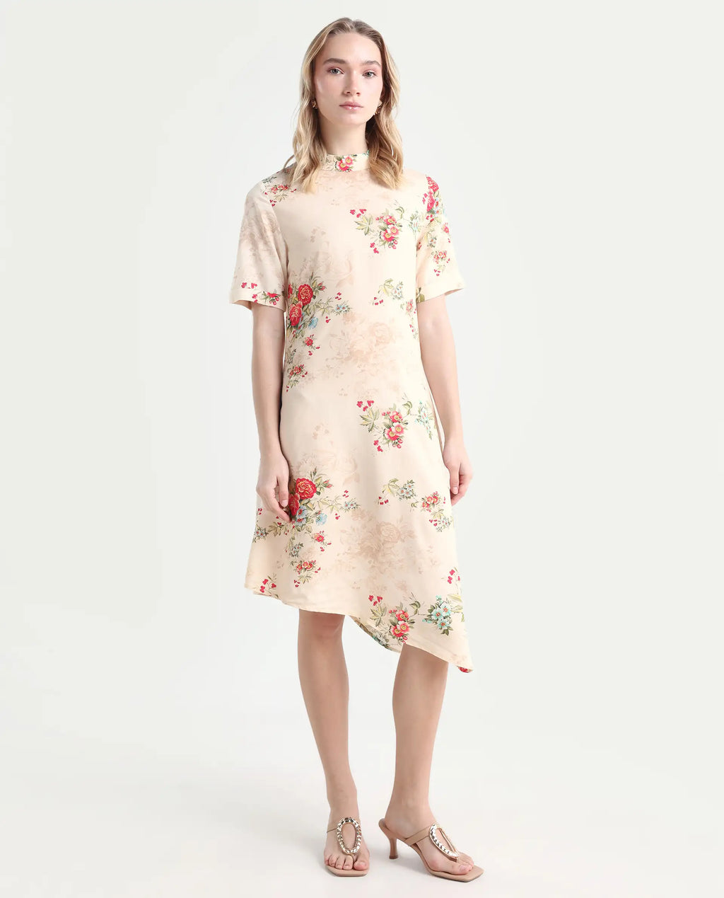 Rareism Women's Kellogs Light Multi Viscose High Neck Floral Print Knee Length Regular Fit Dress