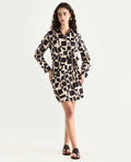 Rareism Women's Rager Black Satin Drop Collar Geometric Print Cuffed Sleeve Mini Wrap Dress