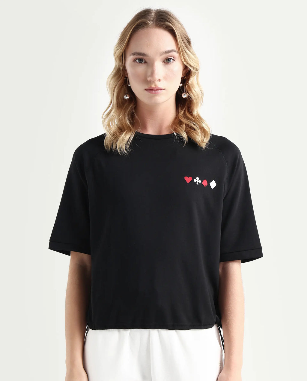 Rareism Women's Berly Black Cotton Blend Crew Neck Graphic Print Relaxed Fit T-Shirt