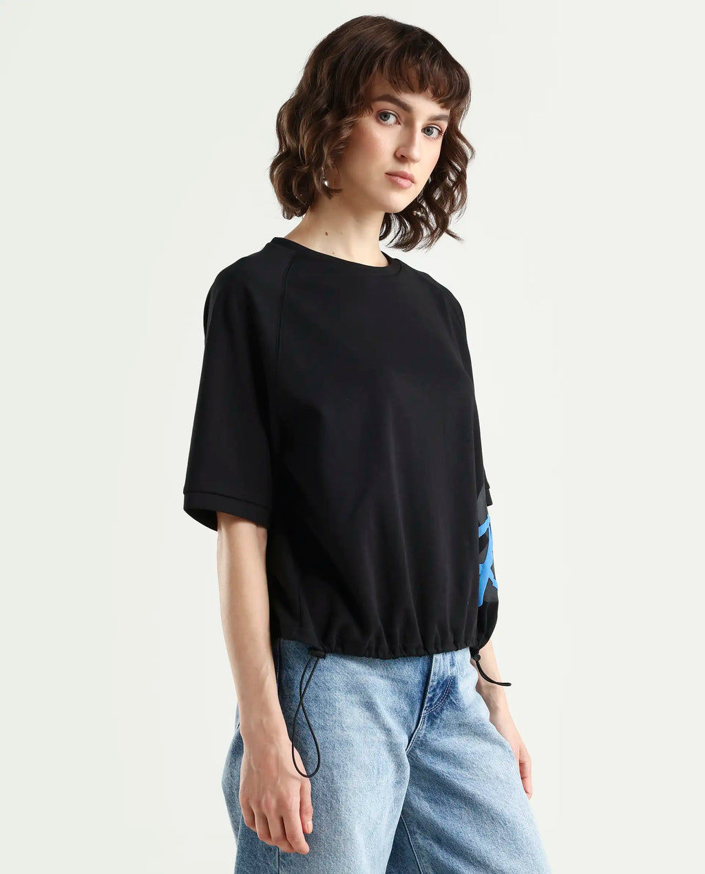 Rareism Women's Marco Black Cotton Blend Crew Neck Graphic Print Relaxed Fit T-Shirt