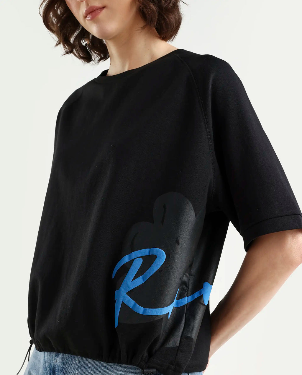 Rareism Women's Marco Black Cotton Blend Crew Neck Graphic Print Relaxed Fit T-Shirt