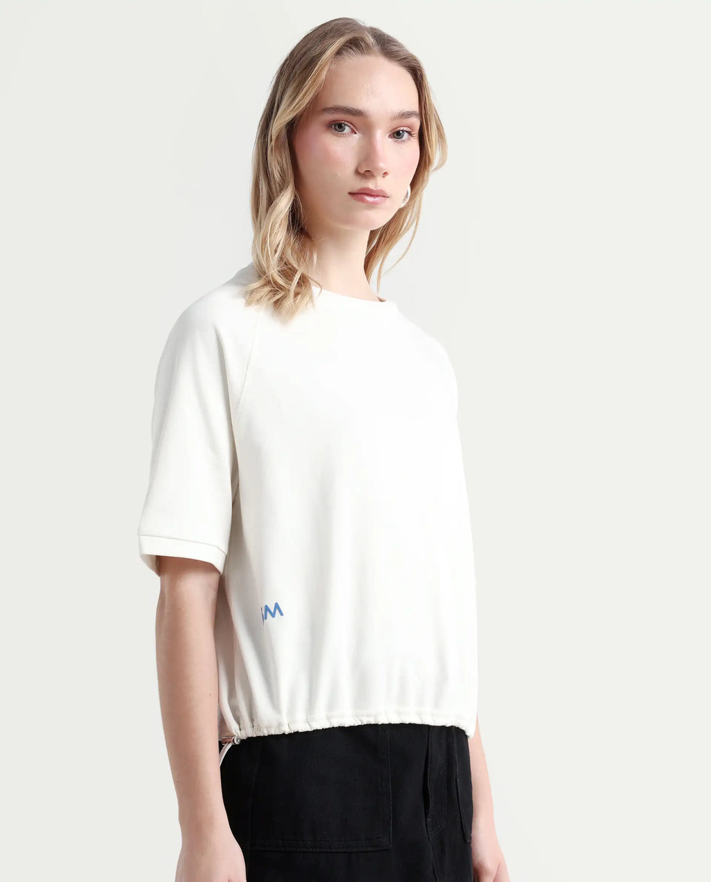 Rareism Women's Kay Off White Cotton Blend Crew Neck Graphic Print Relaxed Fit T-Shirt